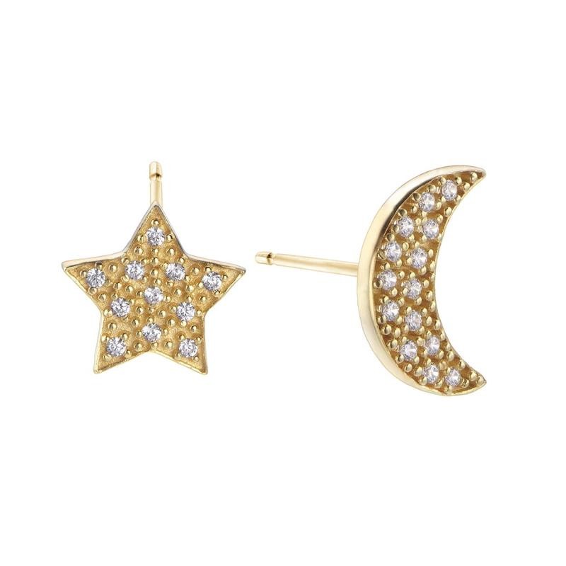 Pendientes luna y estrella de Durán Exquse de la colección Astros, realizado en plata de ley, bañado en oro amarillo y detalles