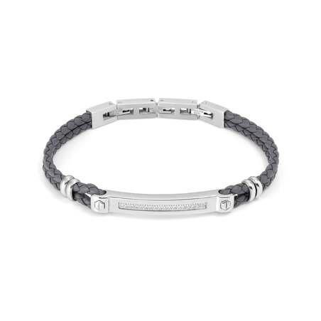 PULSERA MANVISION EN ACERO, CIRCONITAS Y CUERO SINTETICO GRIS