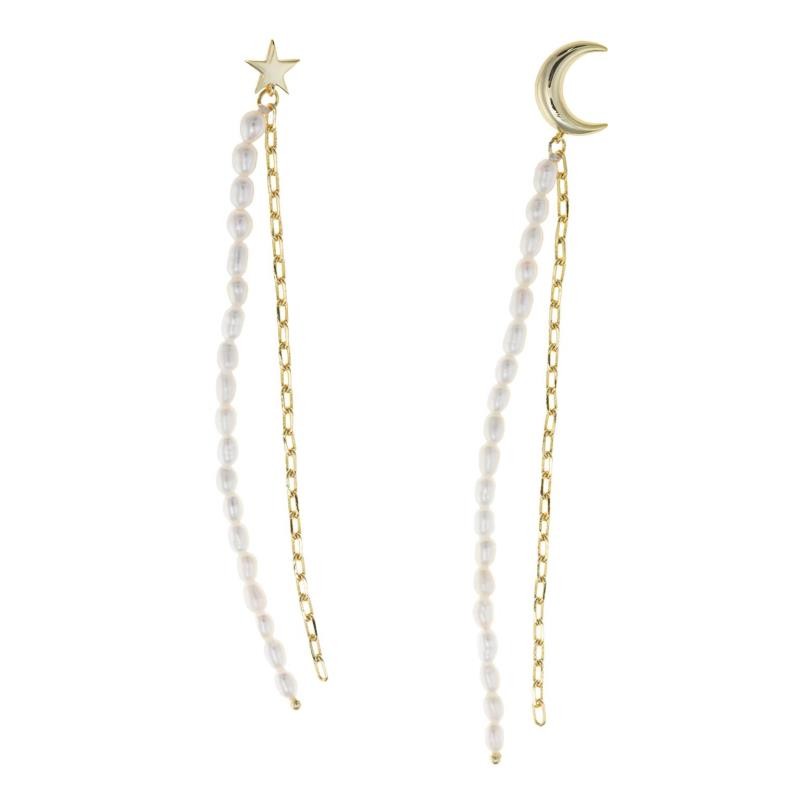 PENDIENTES PLATA CHAPADO DORADO ESTRELLA Y LUNA TIRA CADENA TIRA PERLA IRREGULAR / PENDIENTES PLATA BAÑO ORO LINEA ESTRELLA Y LU