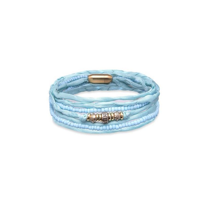 Pulsera doble de seda azul con piezas de bronce