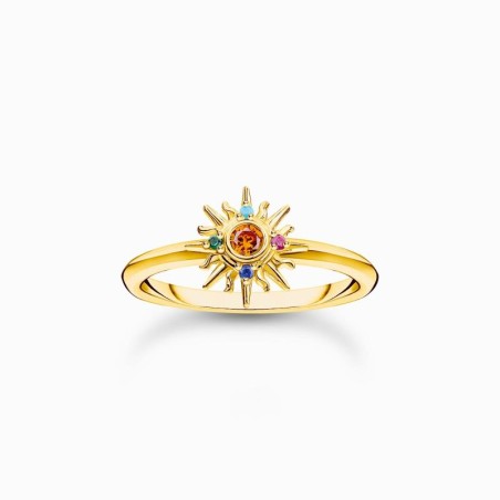 Anillo con diseño de sol bañado en oro y piedras de colores