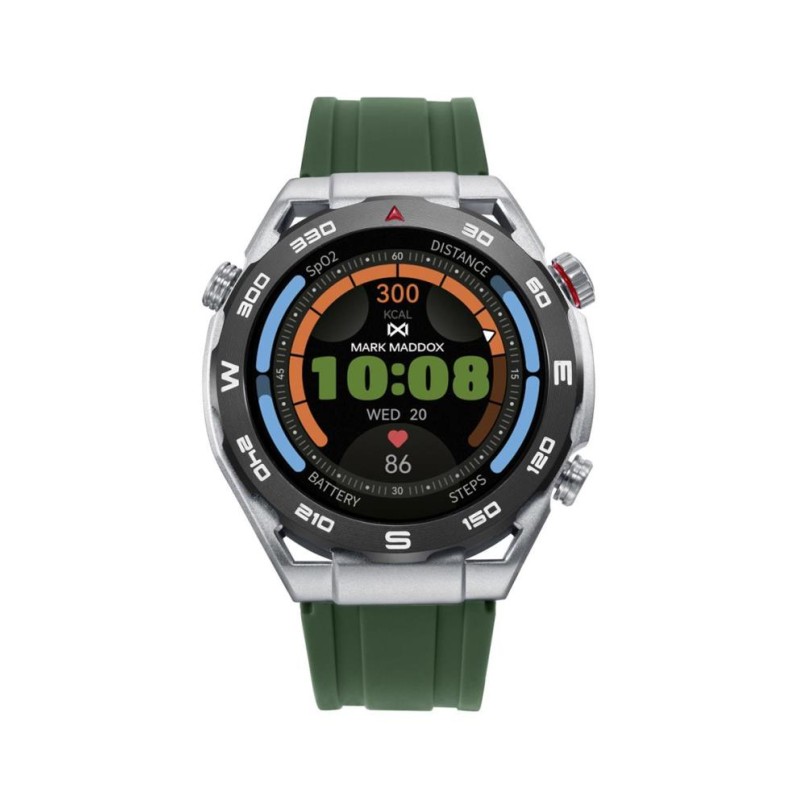 Reloj Smart de metal plateada con bisel gris con correa de silicona verde y en color negra