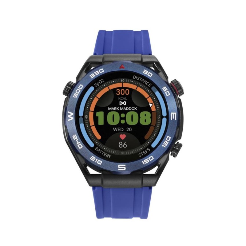 Reloj Smart de metal negra con bisel azul con correa de silicona azul y otra en color negra