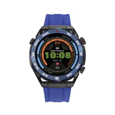 Reloj Smart de metal negra con bisel azul con correa de silicona azul y otra en color negra