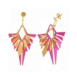 PENDIENTES PLATA CHAPADO DORADO ROMBOS DIAMANTADOS FUCSIA ESMALTADO BARNIZ HIPOALERGENICO