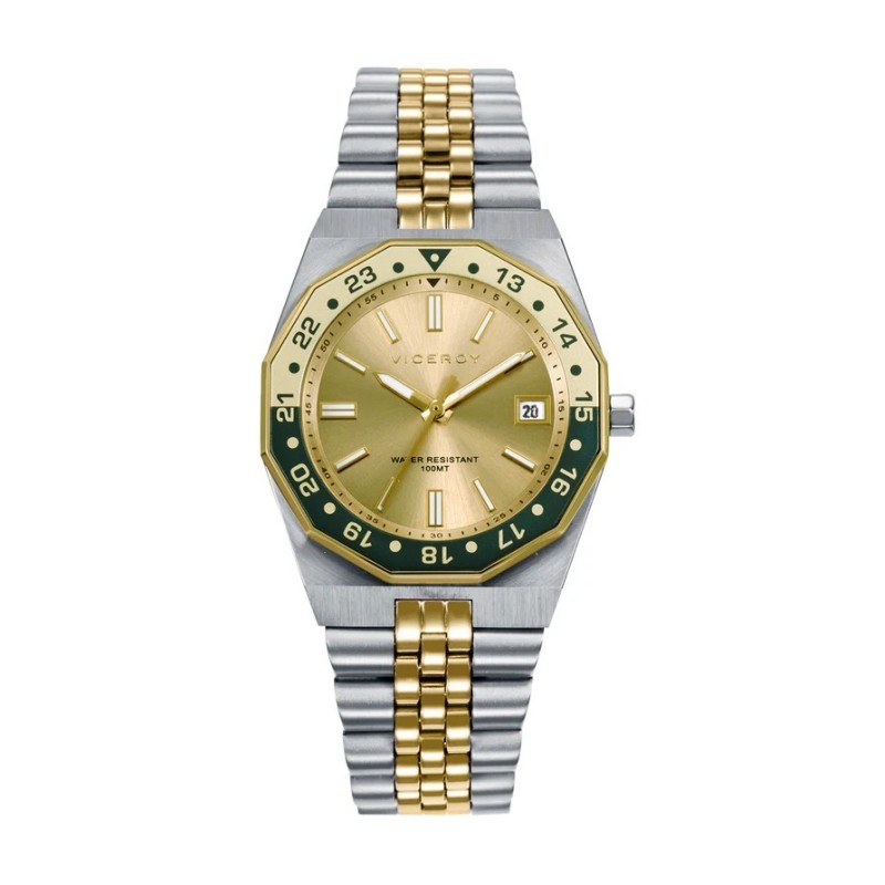 Reloj caja de acero con bisel rotarorio 10 Atm, brazalete bitono de acero e Ip dorado , movimiento cuarzo