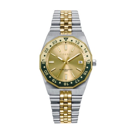 Reloj caja de acero con bisel rotarorio 10 Atm, brazalete bitono de acero e Ip dorado , movimiento cuarzo