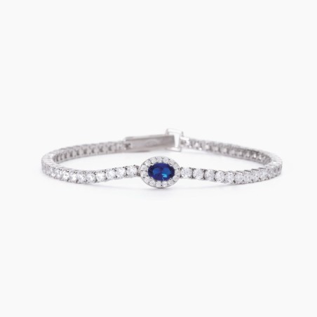 Pulsera de tenis para mujer en plata con zafiro sintético ovalado.