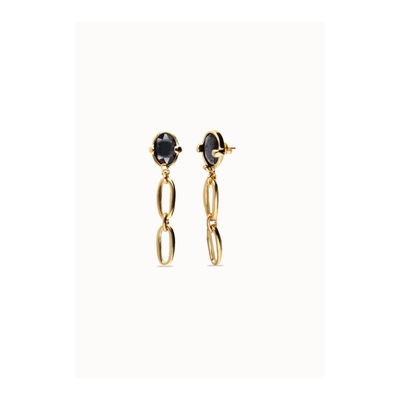 Pendientes largos bañados en oro 18k con cristal facetado negro y eslabones