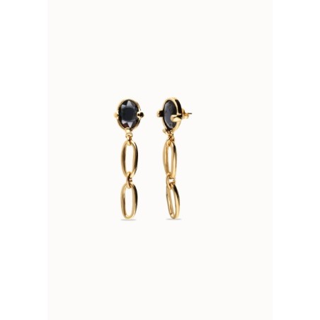 Pendientes largos bañados en oro 18k con cristal facetado negro y eslabones