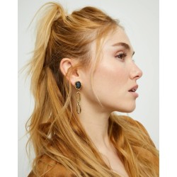 Pendientes largos bañados en oro 18k con cristal facetado negro y eslabones