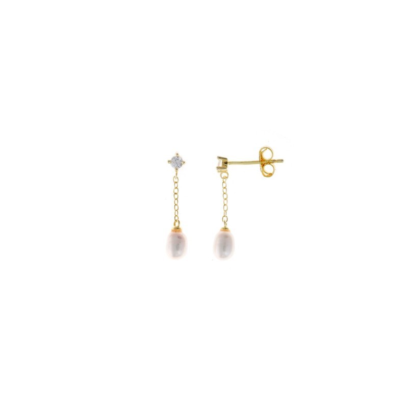 PENDIENTE PLATA 925 BAÑO ORO CZ BLANCO BRILLANTE CADENA ARROZ AGUA DULCE PERLA
