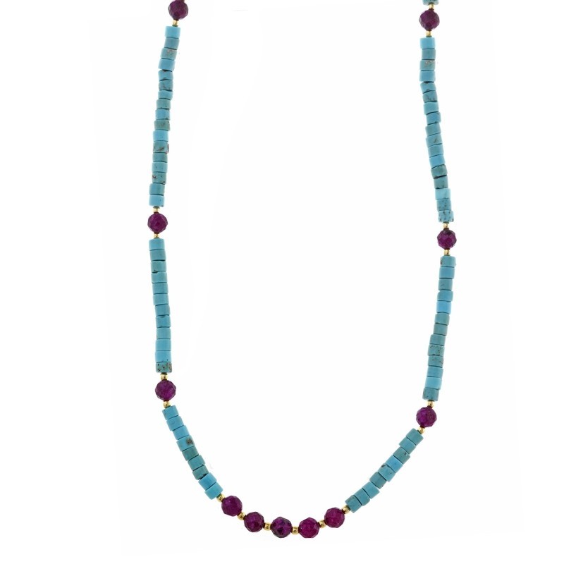 COLLAR PLATA CHAPADO DORADO BOLITAS TURQUESA TUBO Y RUBI BOLITAS FACETADAS