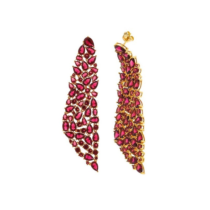 PENDIENTES PLATA CHAPADO DORADO CASCADA ROJA