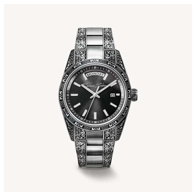 Reloj Rebel at Heart Unisex Revive, 36 mm, acero inoxidable, negro, diseño grabado