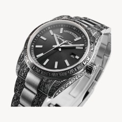 Reloj Rebel at Heart Unisex Revive, 36 mm, acero inoxidable, negro, diseño grabado