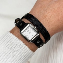 Gracieuse Mini Watch Double Leather Black, Studs, Silver Colour