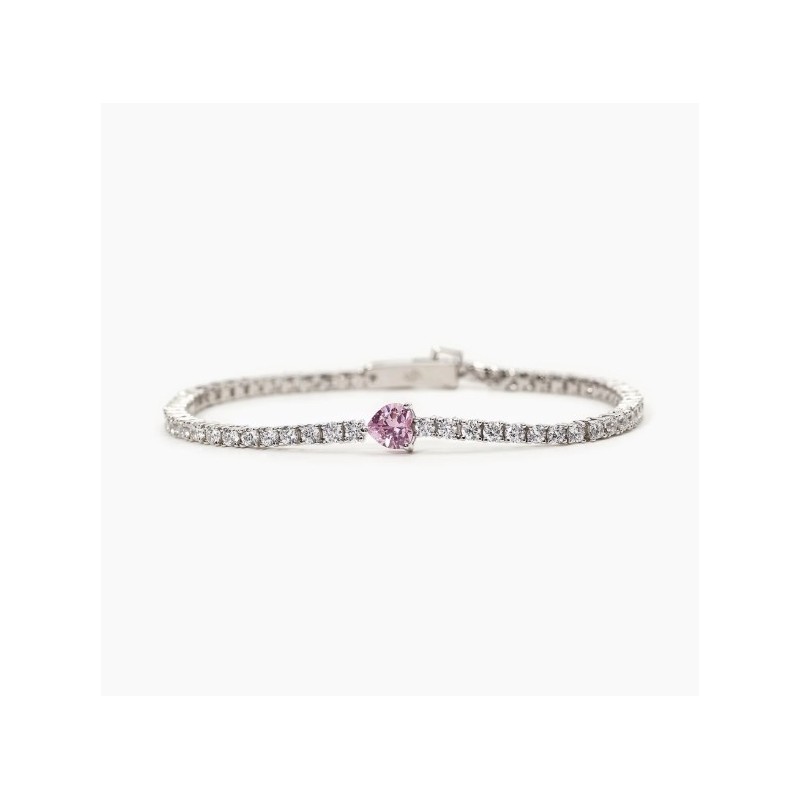 Pulsera de tenis plateada con circonita y corazón rosa