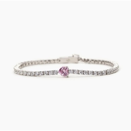Pulsera de tenis plateada con circonita y corazón rosa