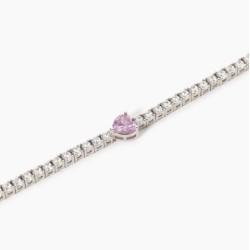 Pulsera de tenis plateada con circonita y corazón rosa