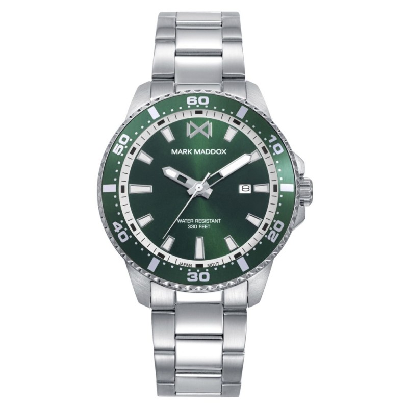 Reloj de hombre de acero con esfera verde, bisel de aluminio verde y brazalete de acero. Resistencia al agua de 10 ATM