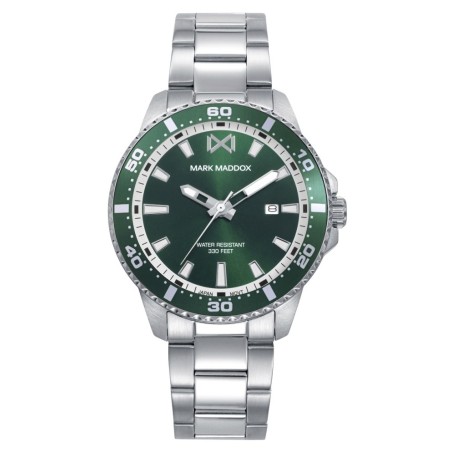 Reloj de hombre de acero con esfera verde, bisel de aluminio verde y brazalete de acero. Resistencia al agua de 10 ATM