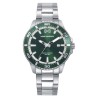 Reloj de hombre de acero con esfera verde, bisel de aluminio verde y brazalete de acero. Resistencia al agua de 10 ATM