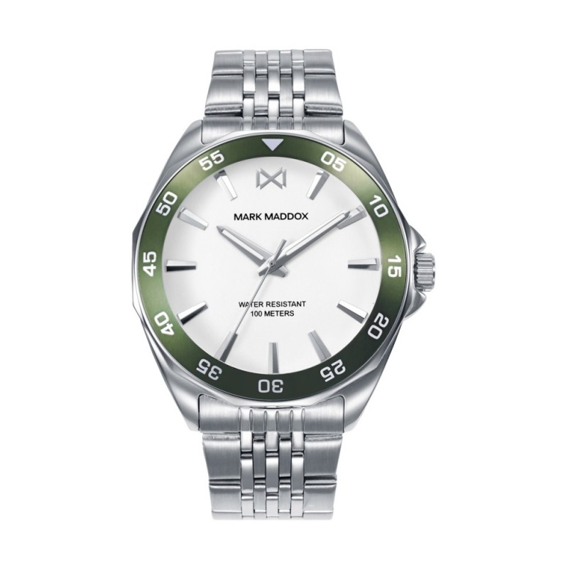 Reloj caja de acero con bisel en verde 10 Atm, brazalete de acero,movimiento cuarzo