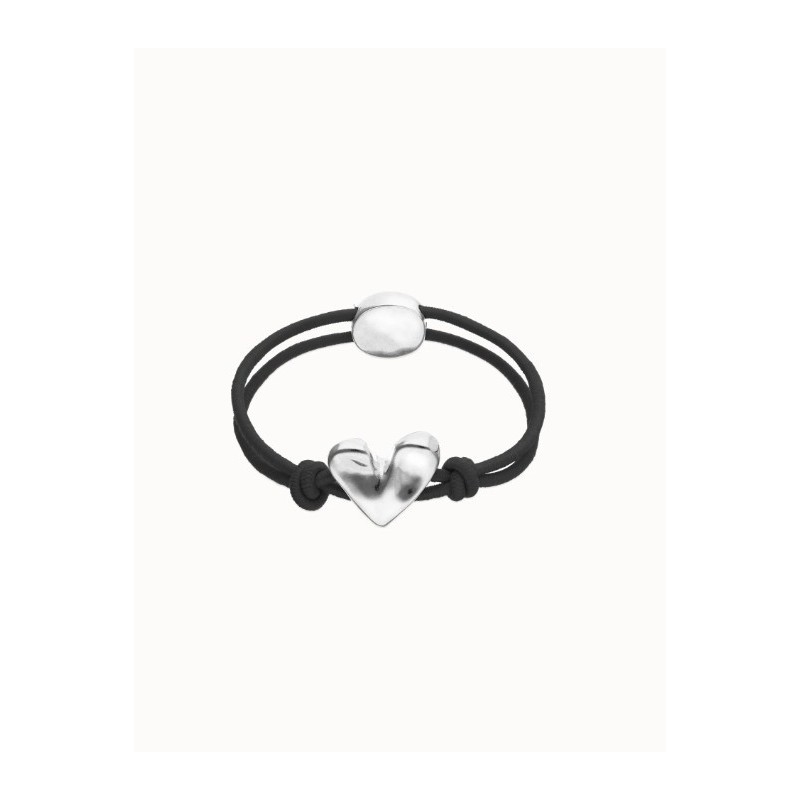 Pulsera de hilo elástico negro con corazón bañado en plata de ley