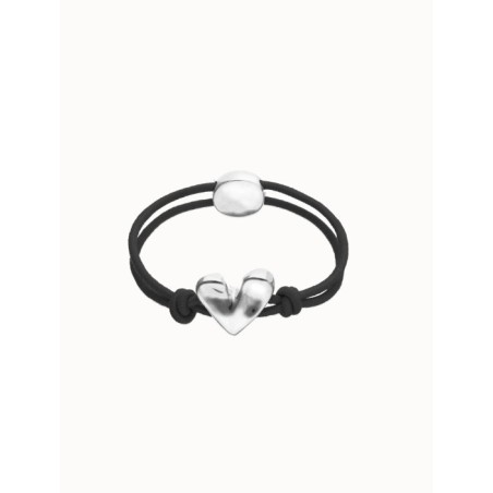 Pulsera de hilo elástico negro con corazón bañado en plata de ley