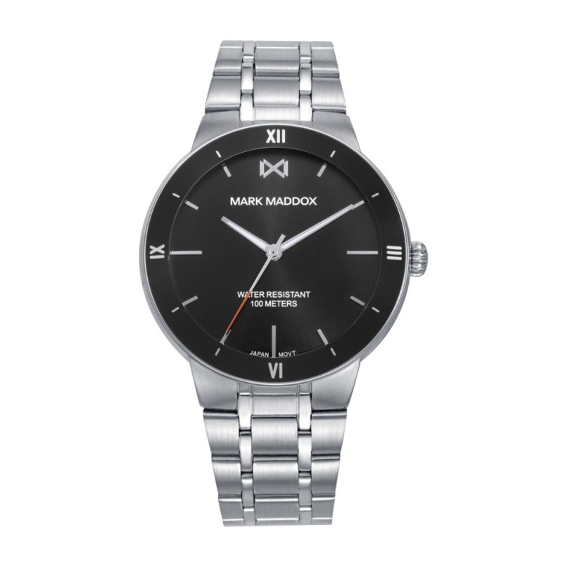 RELOJ con caja de acero, bisel negro y brazalete metálico.