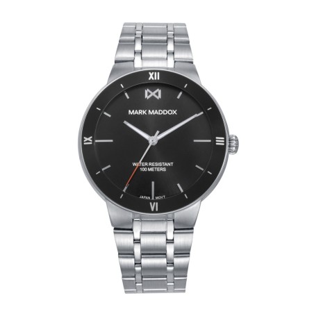 RELOJ con caja de acero, bisel negro y brazalete metálico.